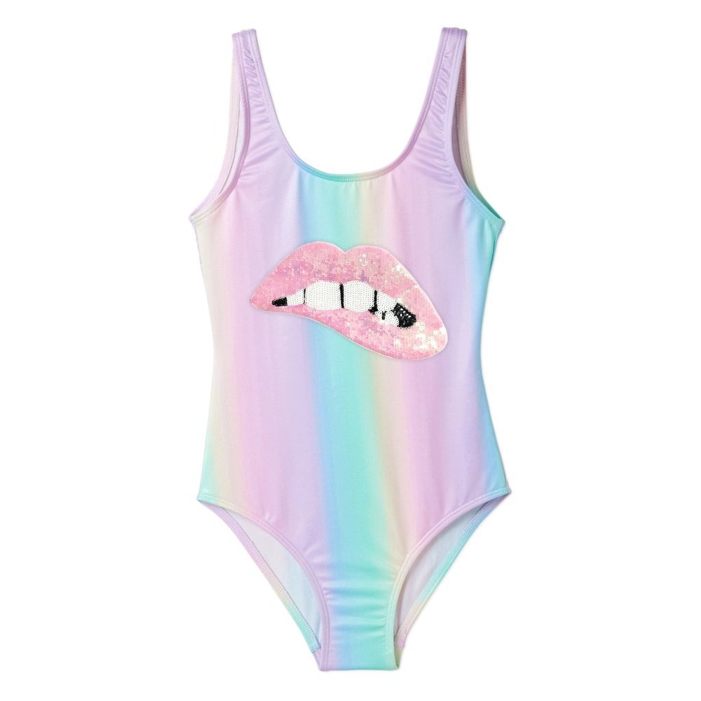 Stella Cove NWT Girls Pastel Rainbow Lip Applique Scoop Neck One Piece Swimsuit